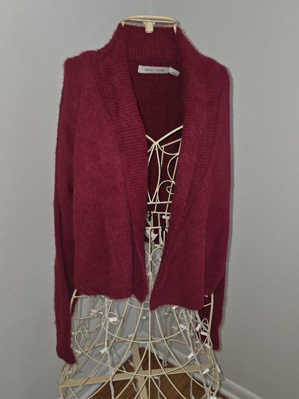 Bishop + Young Fuzzy Knit Cardigan Sweater Red L Open Front NWT $100 Retail
